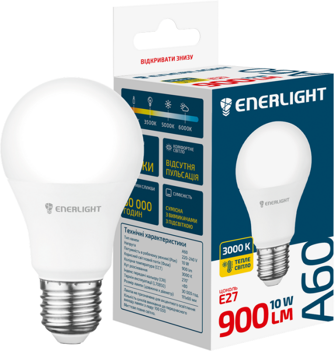 Лампа світлодіодна ENERLIGHT A60 10Вт 3000K E27