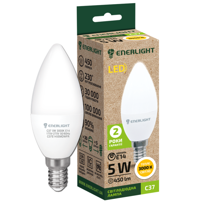 Лампа світлодіодна ENERLIGHT С37 5Вт 3000K E14