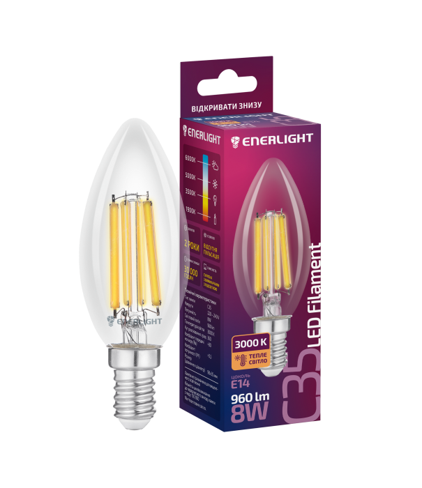 LED Лампа ENERLIGHT Filament С35  8Вт 3000К Е14